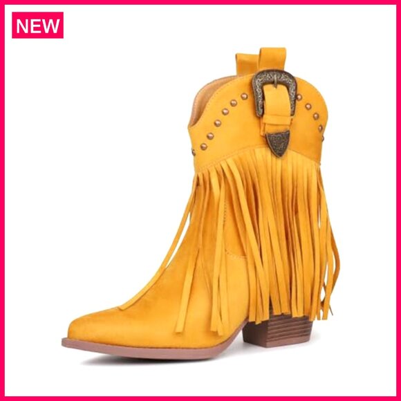 Women's Suede Fringe Cowboy Boots Snip Toe Pull On Western Ankle Booties - Picture 6 of 7